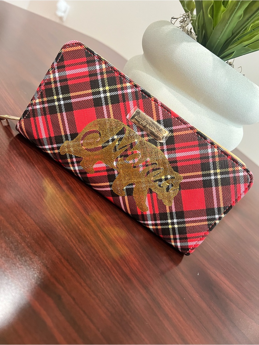Simply Southern Red Plaid Zip Wallet with Gold Tiger Accent